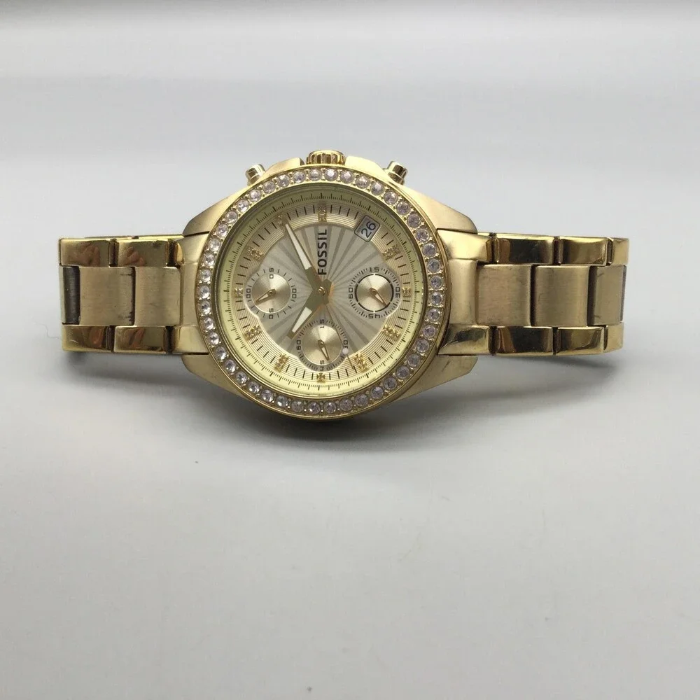 Fossil ES2683 Womens Watch 37mm Chronograph Gold Tone Crystals New Battery 7.25